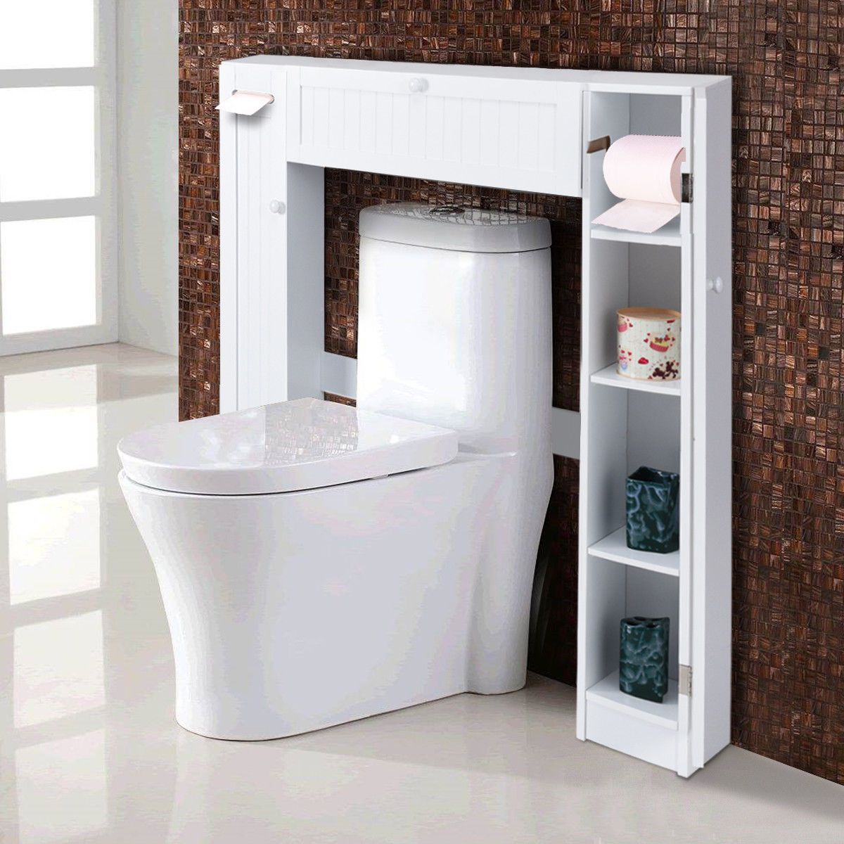 Bathroom Toilet Space Saver Storage Cabinet Shelf Organizer White Bath Room Set