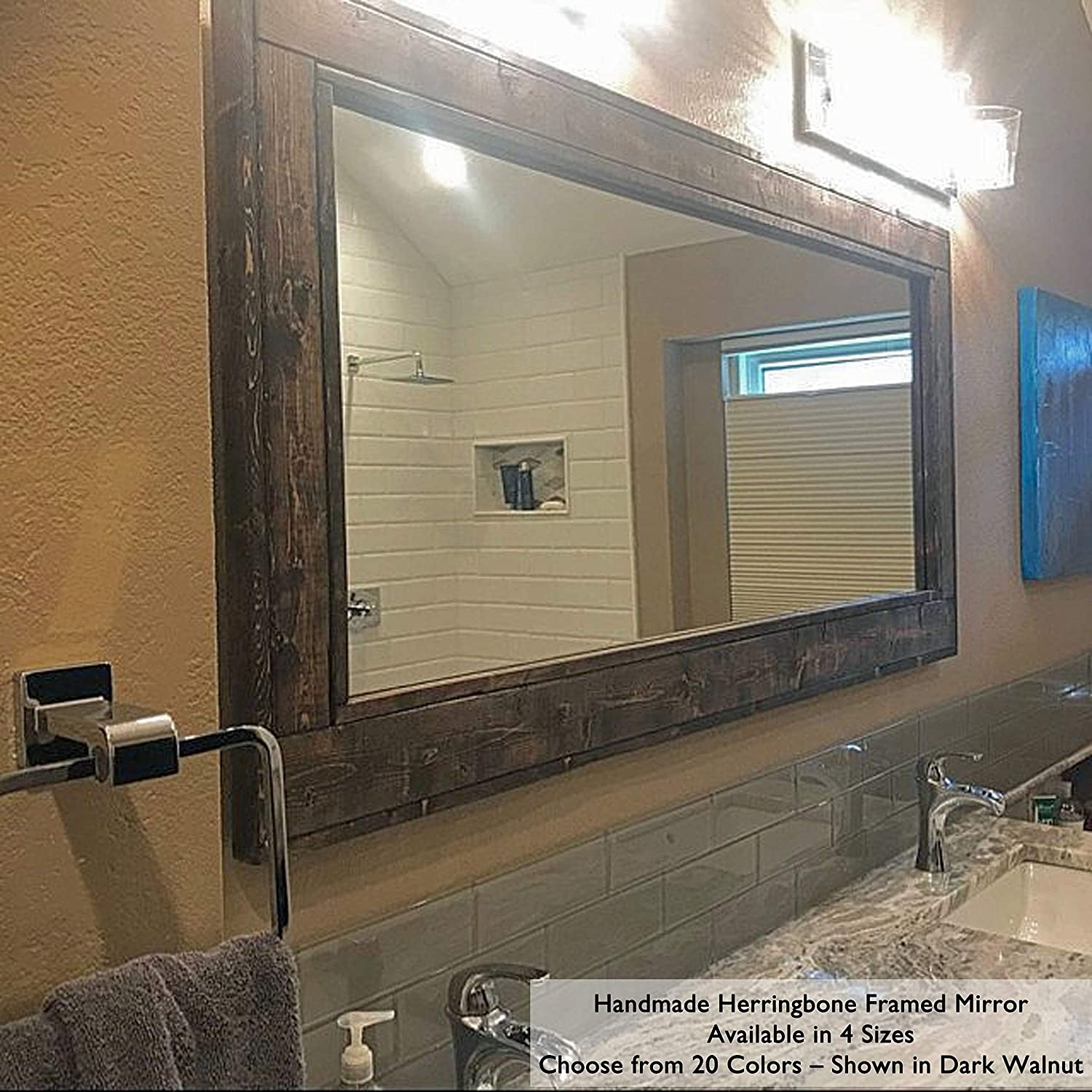 Herringbone Reclaimed Wood Framed Mirror Rustic Mirror Available in 4 Sizes and 20 Paint Colors: Shown in Sea Blue 42x30x 60x30 Framed Mirror Wall Decor 36x30 24x30 Home Decor Accents 