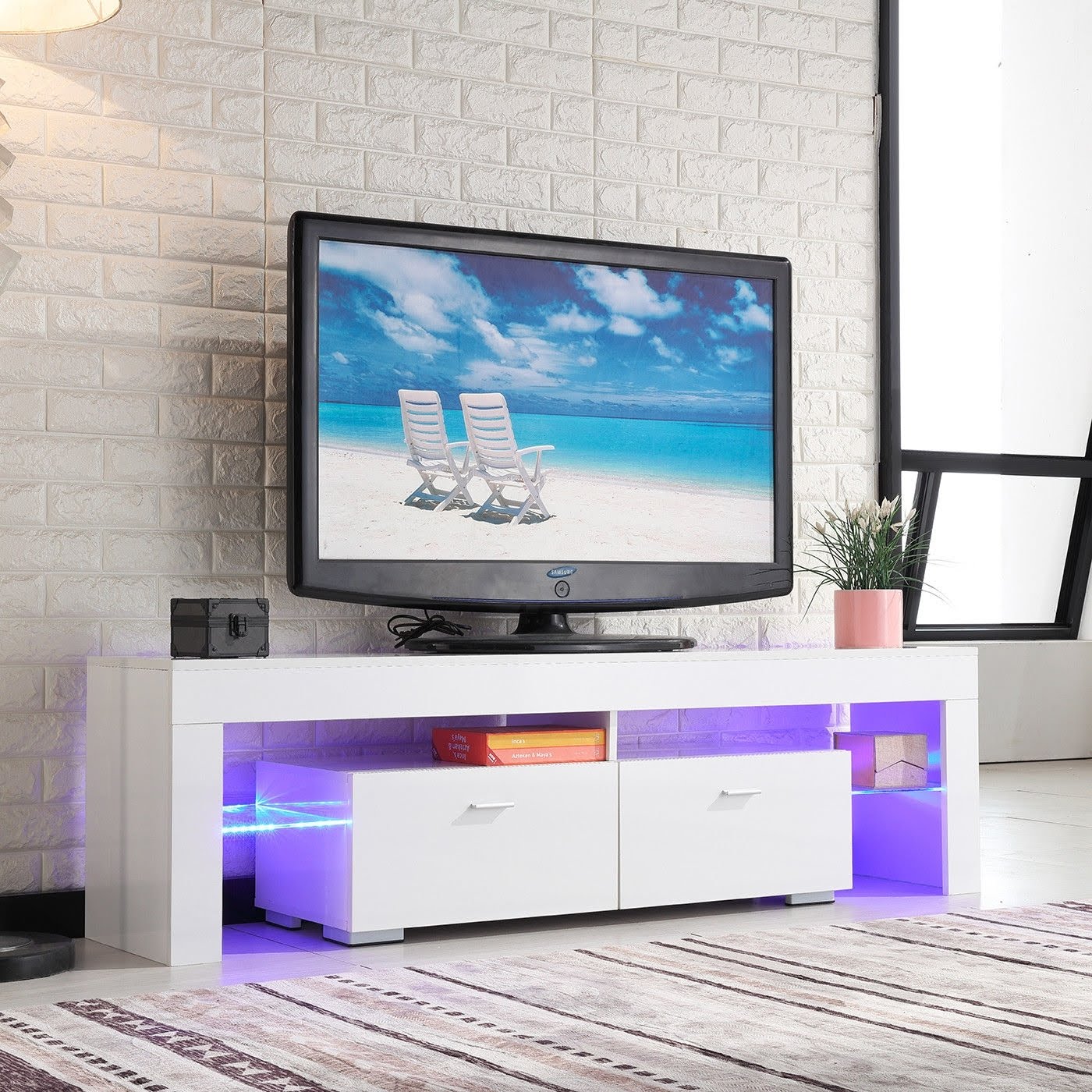 Senvoziii LED TV Stand White High Gloss Sideboard TV Cabinet Entertainment with 3 Doors and Glass Shelves for Living Room Furniture