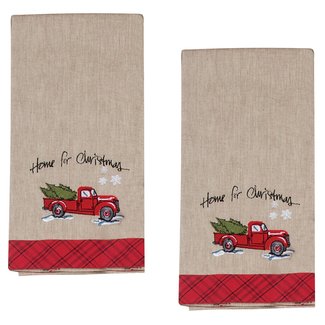 Home for Christmas Embroidered Tea Towel Farm Truck with Tree Snowflakes, Set of 2