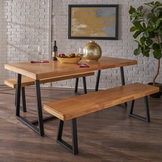 Jacob Farmhouse Cottage 3 Piece Natural Oak Finished Rubberwood Table and Bench Set