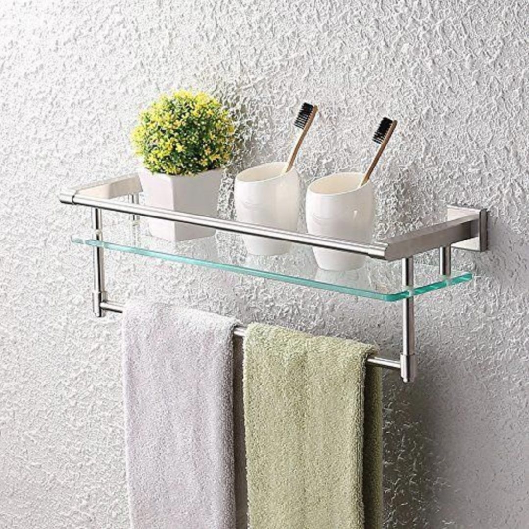 Wall Mounted stainless steel+Glass Chrome Bath Shower Caddy With Towel Bar 