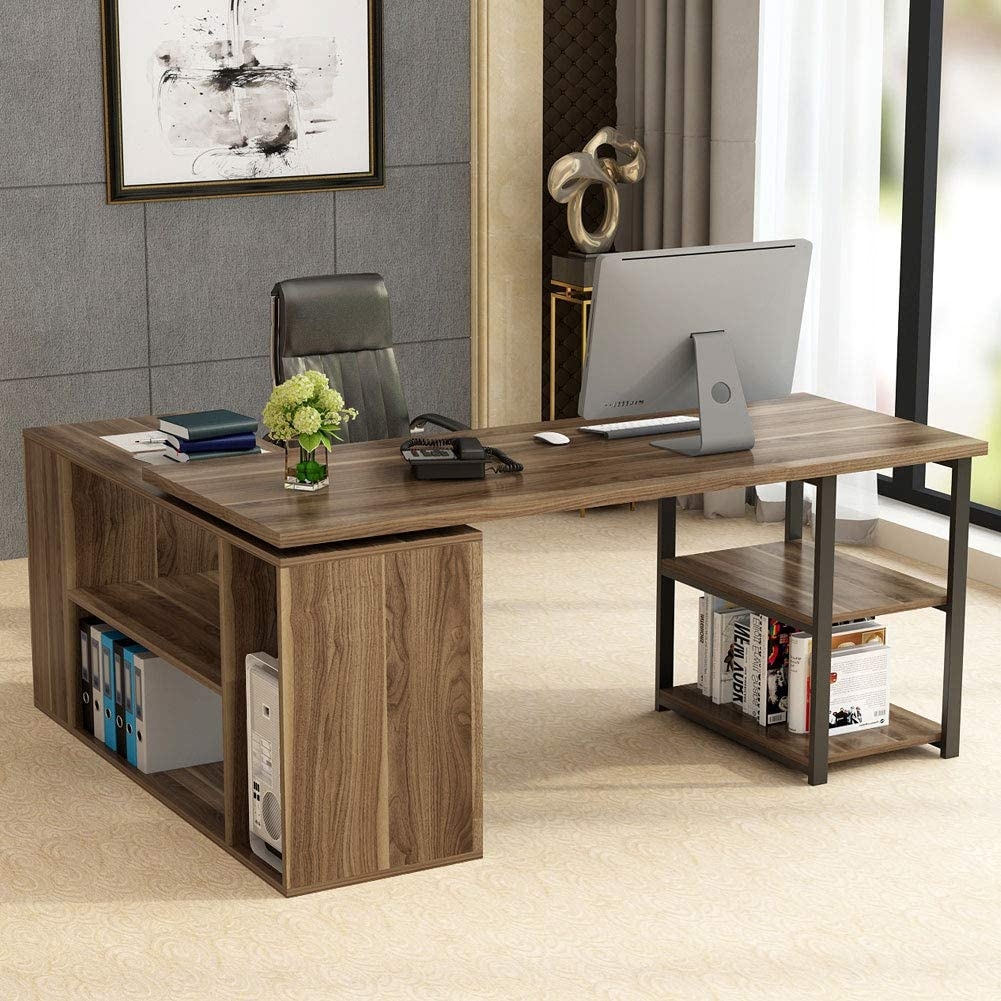 L-Shaped Computer Desk, LITTLE TREE Rotating Shelf Computer Desk with Bookcase &File Cabinet, Reversible Study Writing Desk Table Workstation for Home Office