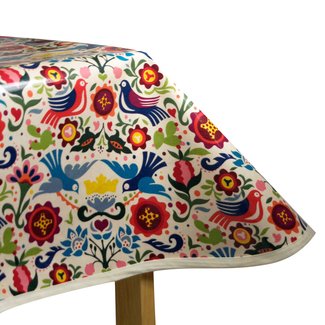 Laminated Cotton Oilcloth Tablecloth La Paloma tea stained