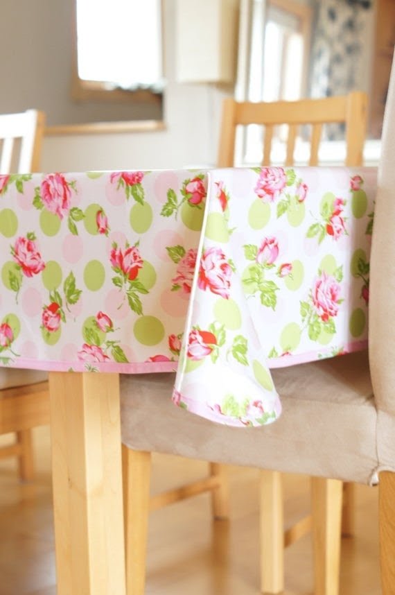 Laminated Cotton Tablecloth Falling Roses in Pink or Blue