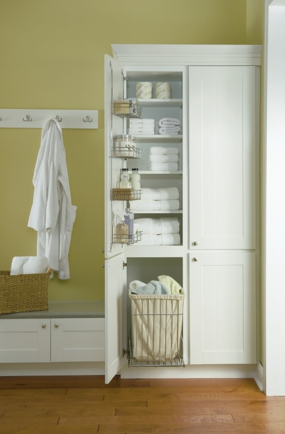 bathroom storage with laundry hamper