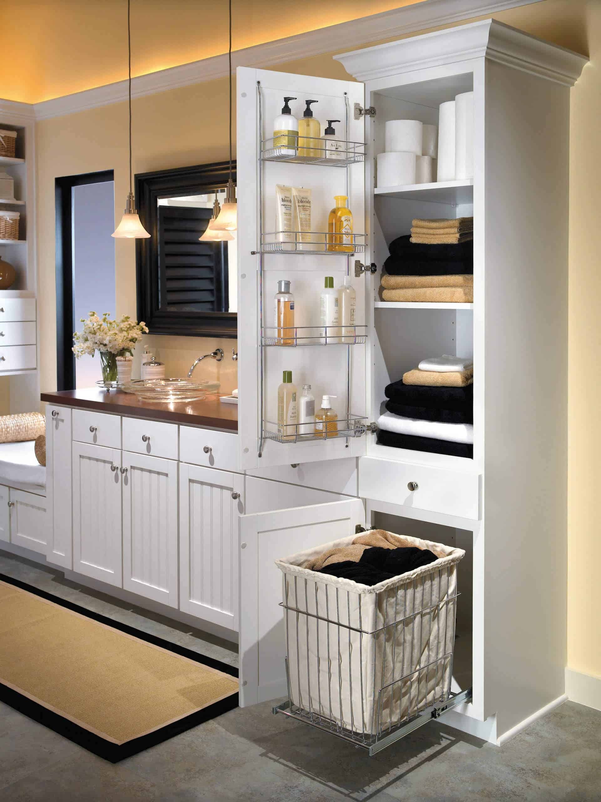 bathroom storage with laundry hamper