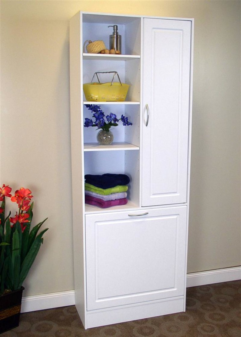 Bathroom tall cabinet with deals laundry basket