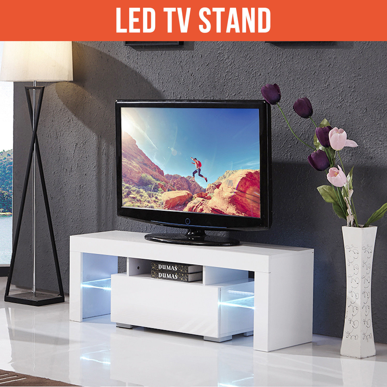 Senvoziii LED TV Stand White High Gloss Sideboard TV Cabinet Entertainment with 3 Doors and Glass Shelves for Living Room Furniture