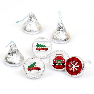 Merry Little Christmas Tree - Red Truck and Car Christmas Party Round Candy Sticker Favors - Labels Fit Hershey's Kisses (1 Sheet of 108)