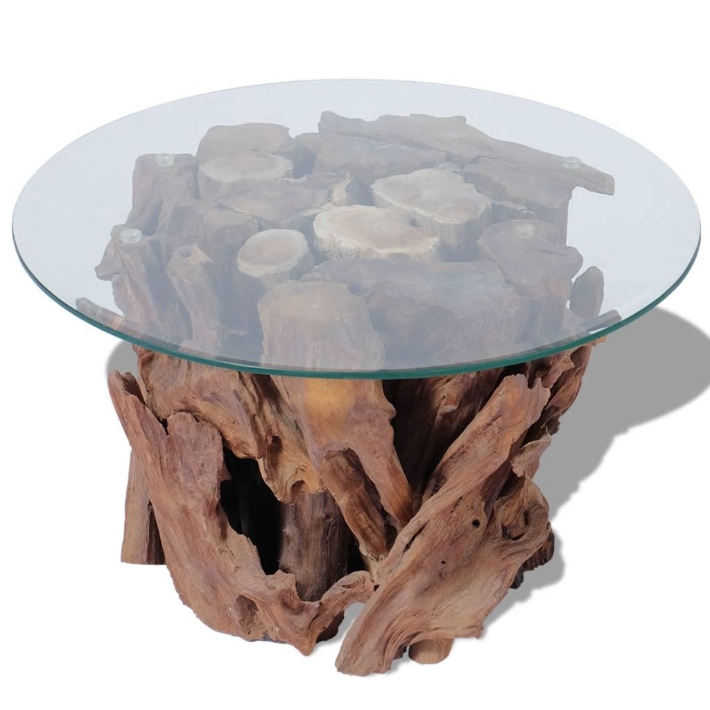 Modern Rustic Tempered Glass Top Coffee Table with Solid Teak Driftwood Base - Includes Modhaus Living Pen
