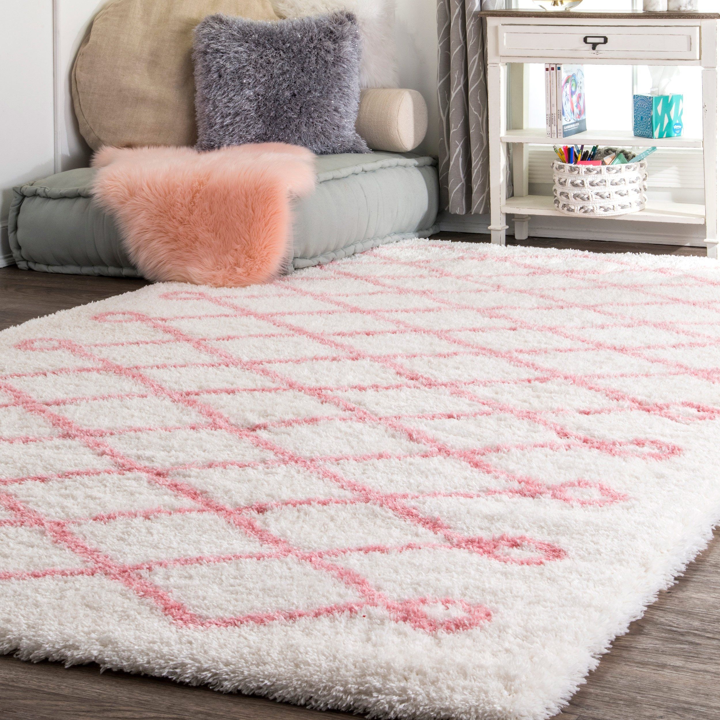 Blush Pink 24x24 Sumptuous Fluffy Star Shaped Shaggy Kids Nursery Rug in Blush Pink and Grey 70 x 70 cm 