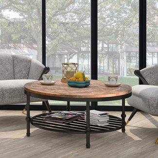 P PURLOVE Easy Assembly Hillside Rustic Natural Coffee Table with Storage Shelf for Living Room (Round)