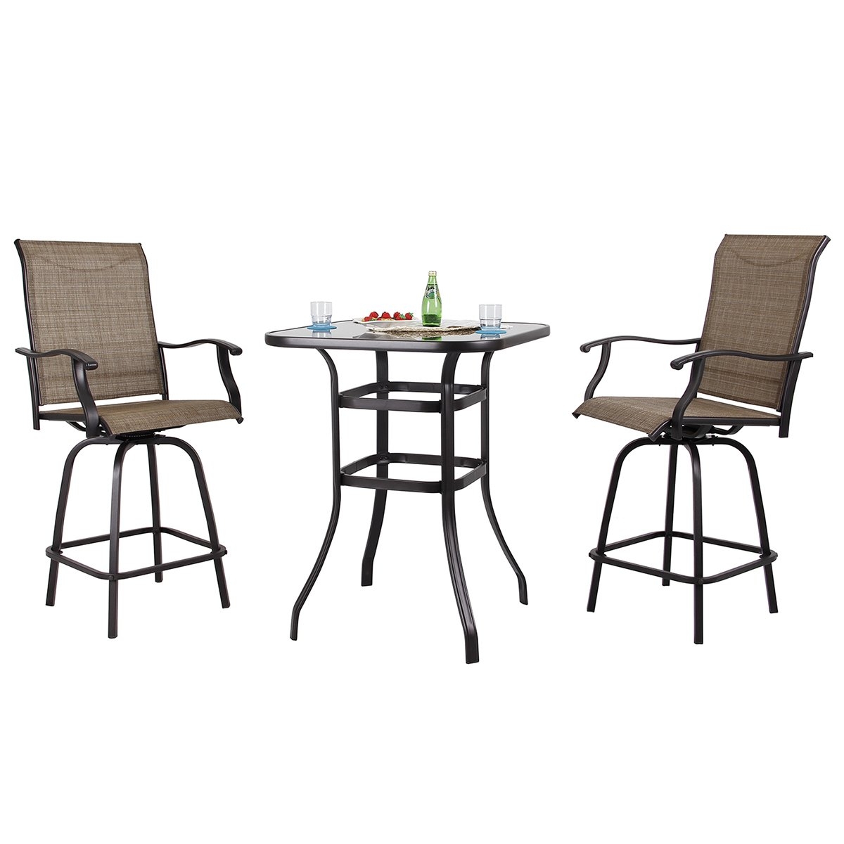 PHI VILLA Patio 3 PC Swivel Bar Sets Textilene High Bistro Sets, 2 Bar Stools and 1 Table, Brown