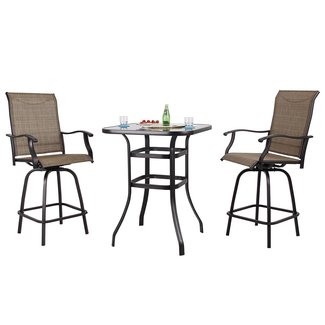 PHI VILLA Patio 3 PC Swivel Bar Sets Textilene High Bistro Sets, 2 Bar Stools and 1 Table, Brown