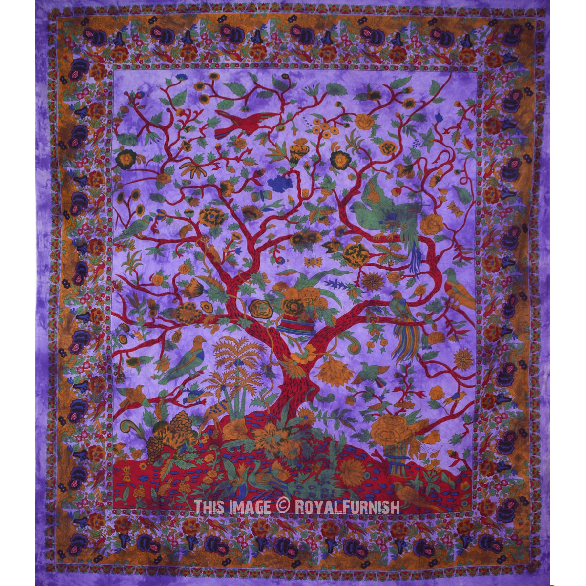 Purple Tree of Life & Birds Tie Dye Wall Tapestry