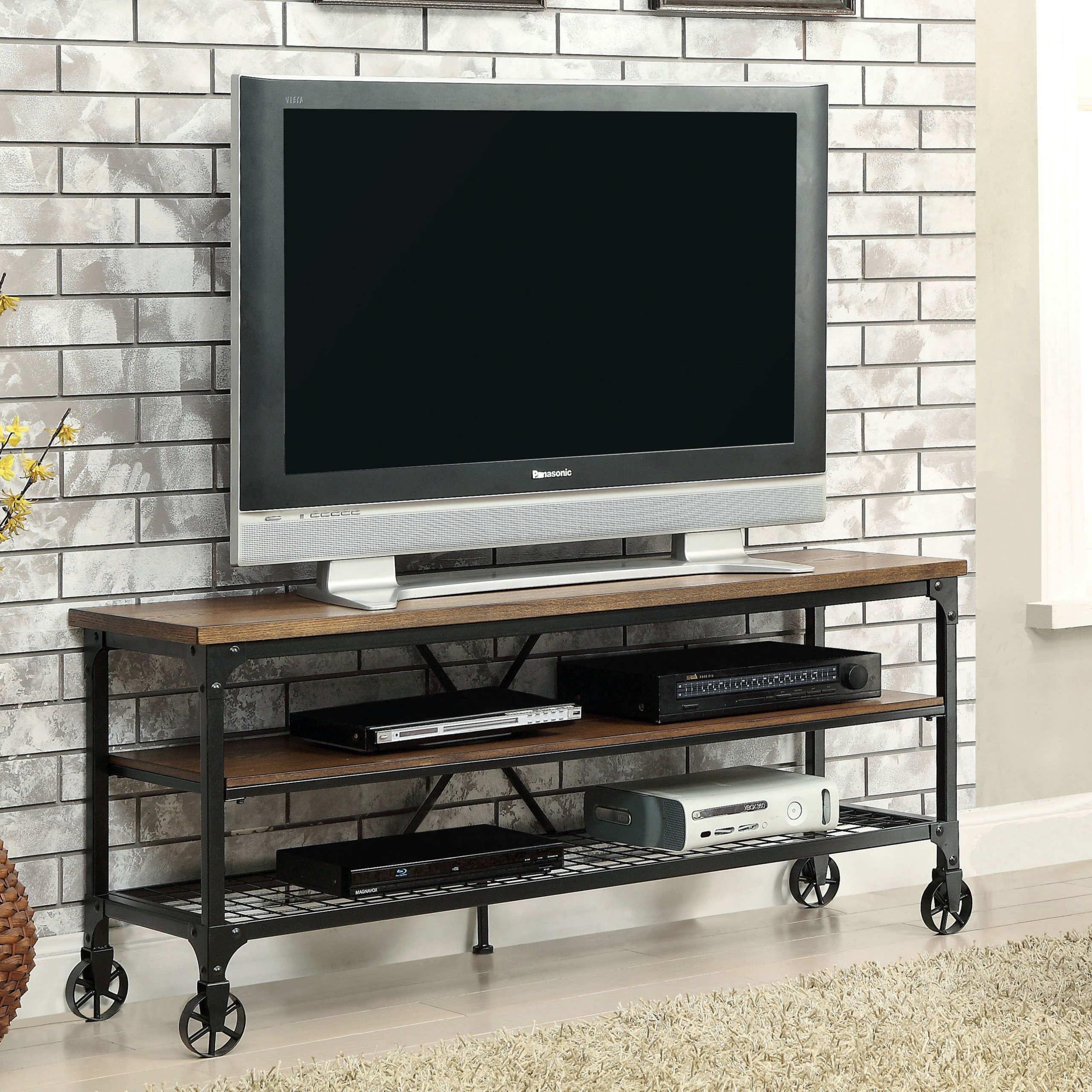 Rolling Wood Corner TV Stand Entertainment Center TV Console Stand with Wheels 