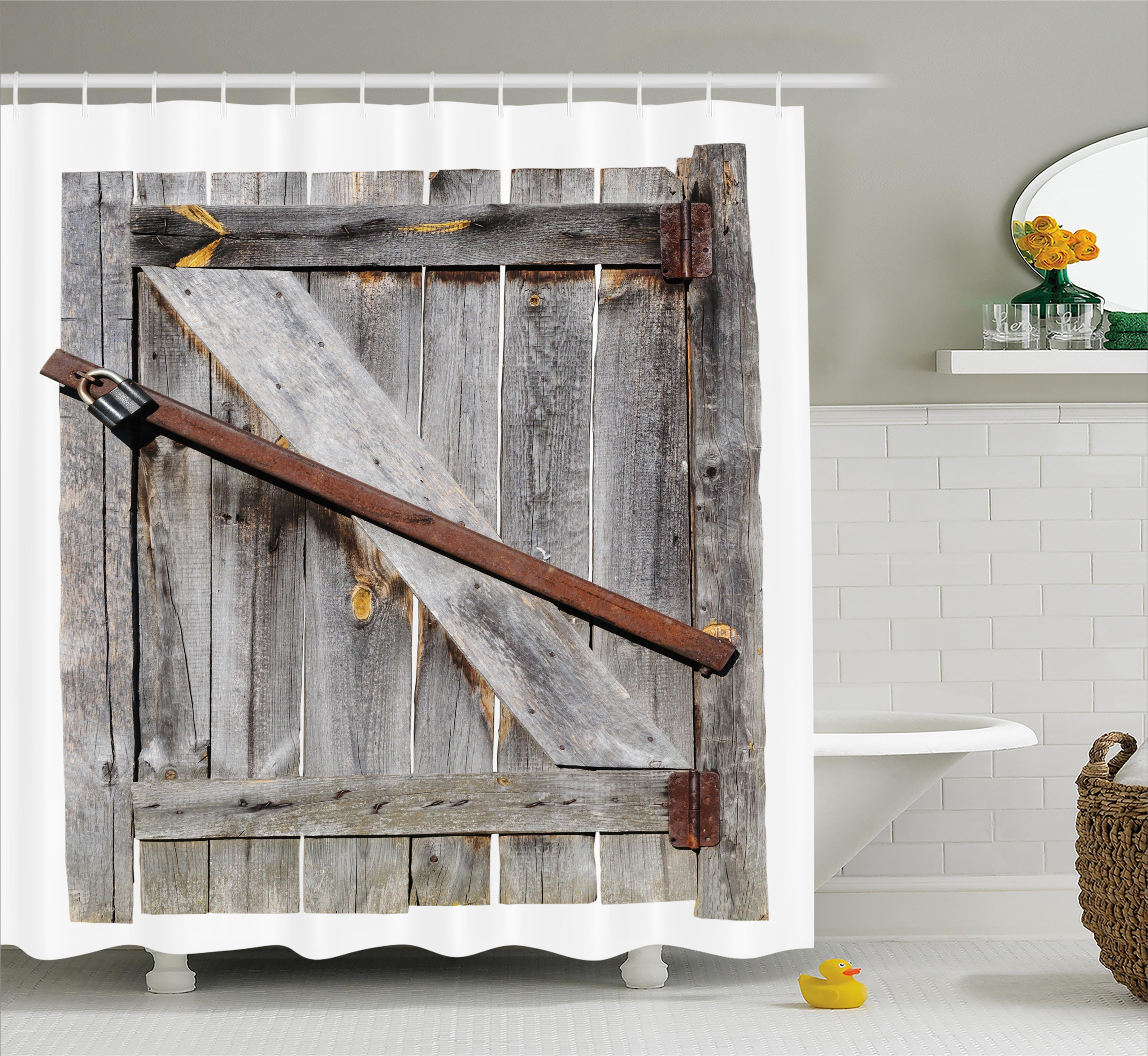 Rustic Shower Curtain Wooden Barn Door Image Print for Bathroom 