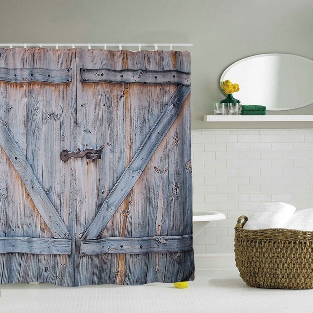 60x72" Waterproof Fabric Shower Curtain Set Rustic Retro Wooden Barn Door Cross 