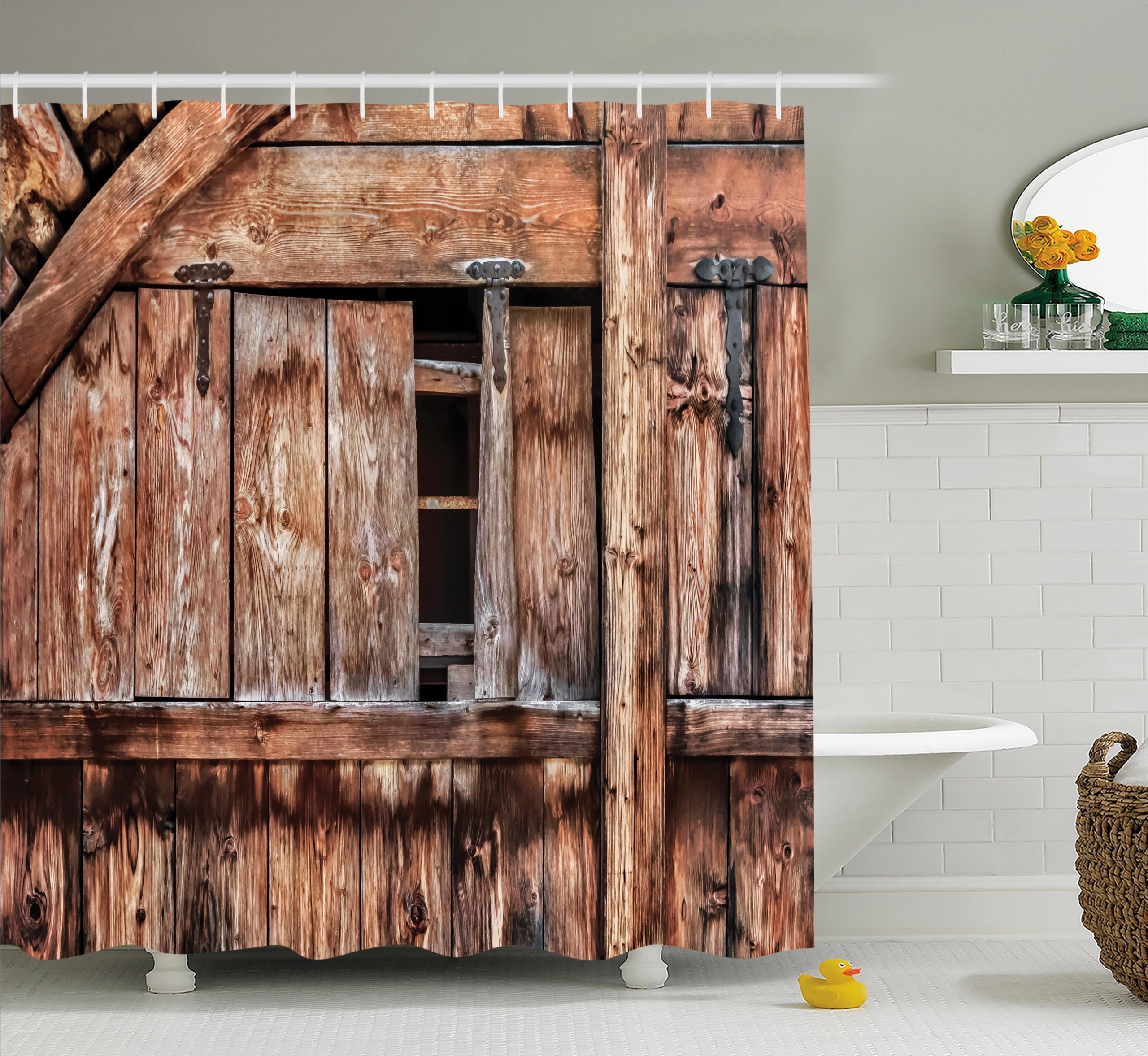Rustic Barn Wood Planks Door Shower Curtain Bathroom Waterproof Fabric Hooks Set 