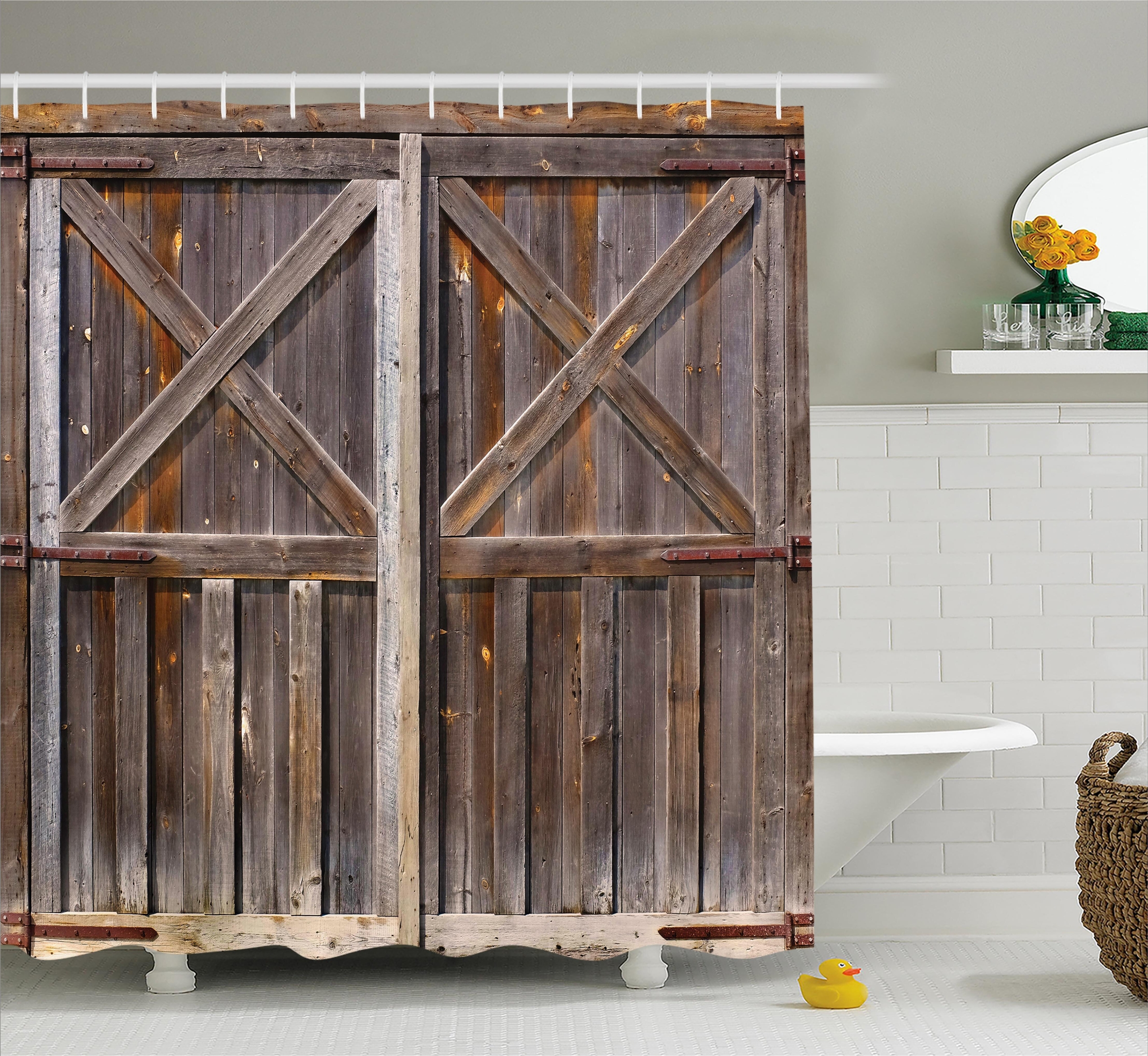 71" Rustic Wood Barn Door Fabric Shower Curtain & Hooks Bathroom Accessory Sets 