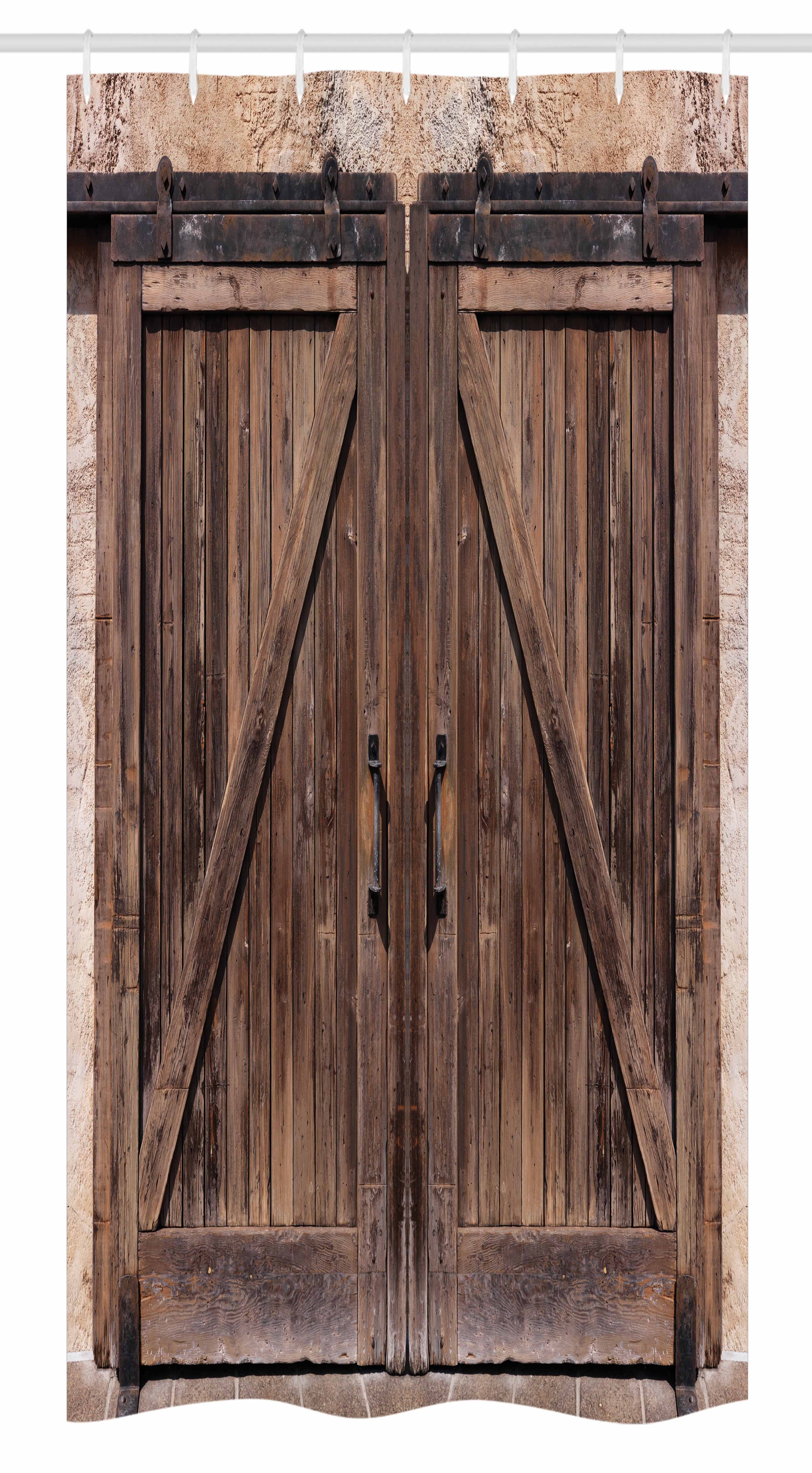 Rustic Wooden Board Barn Door Waterproof Shower Curtain Bath Rug Set & 12 Hooks 