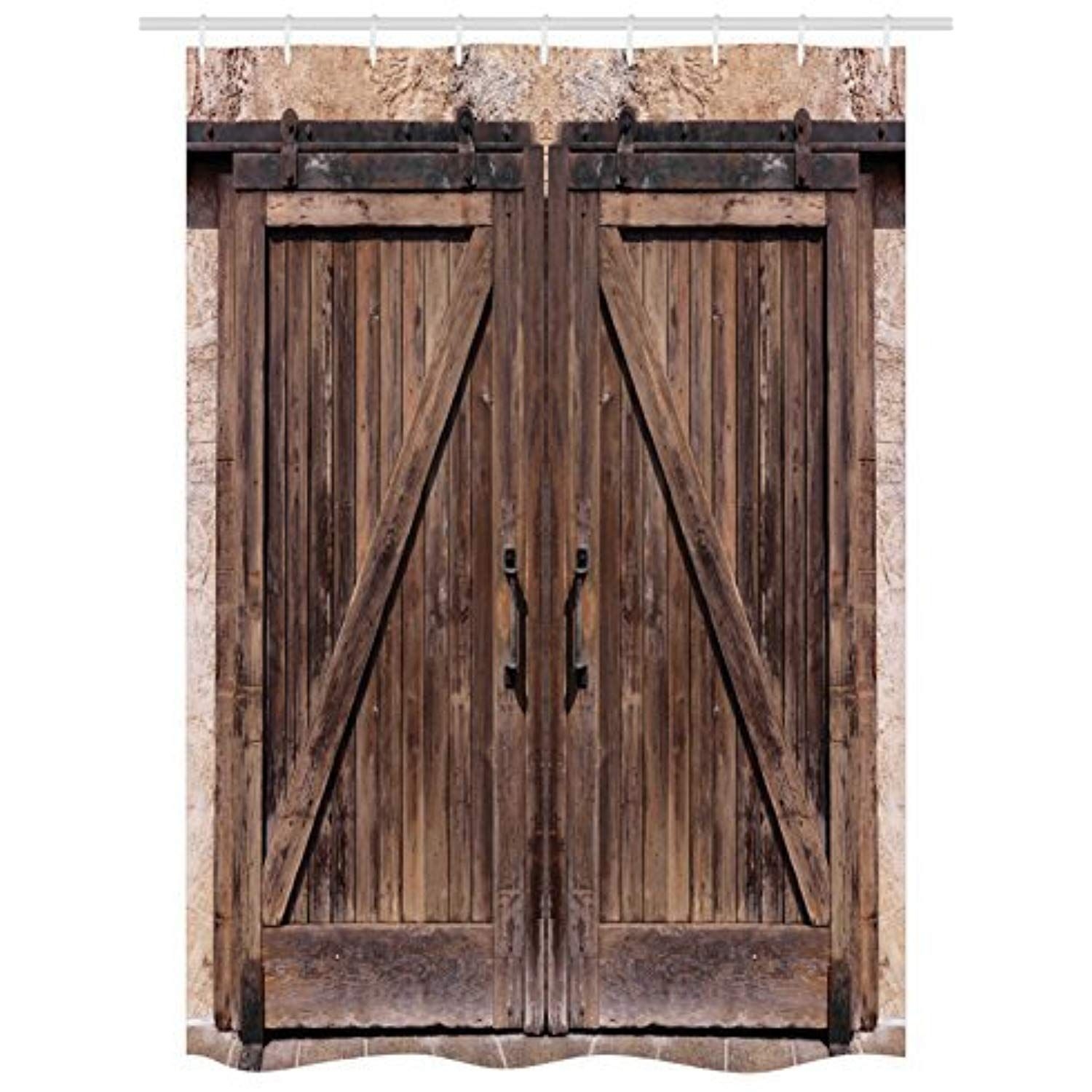Rustic Stall Shower Curtain, Wooden Barn Door in Stone ...
