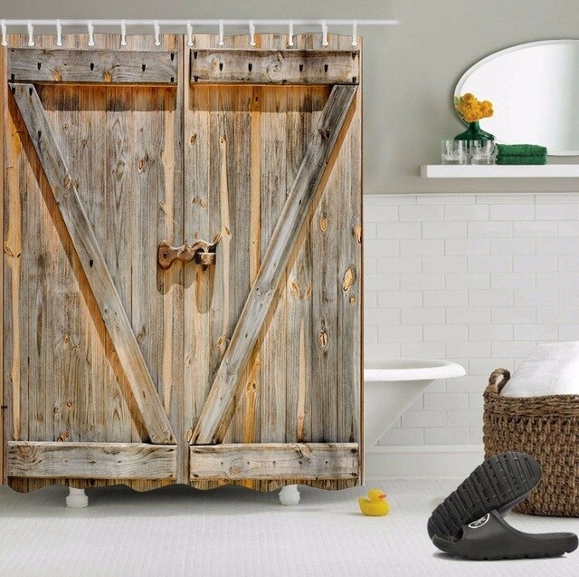 Rustic Wooden Barn Door Shower Curtain Bedroom Decor Waterproof Fabric & 12hooks 