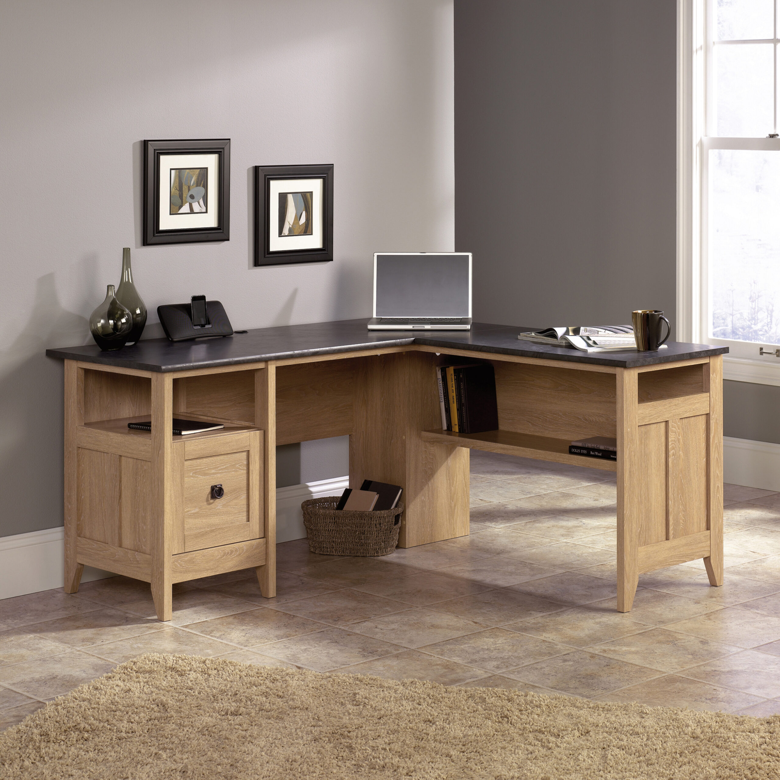 Sauder 412320 August Hill L-Shaped Desk, L: 59.06" x W: 58.74" x H: 29.25", Dover Oak Finish