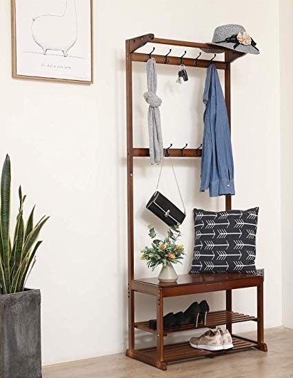 Warmiehomy Coat Rack Stand with Bench and 10 hooks Living Room Grey Hallway 102 x 43 x 183cm Tall Hall Tree Free Standing Coat Tree Industrial Shoe Storage Rack for Entryway