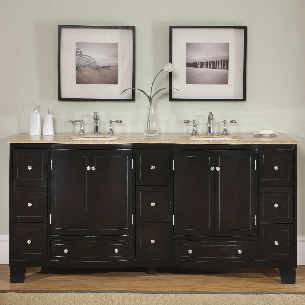 Silkroad Exclusive Countertop Travertine Stone Double Sink Bathroom Vanity with Dual Cabinet, 72", Dark Wood