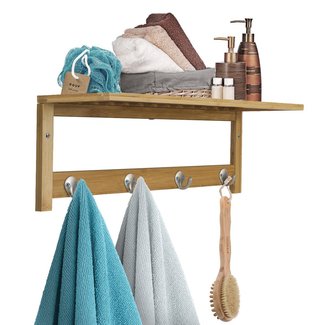 Sorbus Wall-Mounted Coat Hook Bamboo Wooden Coat Rack, 4 Hook Wall Mounted Towel Rack with Upper Storage Shelf, Great for Bathroom, Hallway, Mudroom, Bedroom, Wooden Scandinavian Style