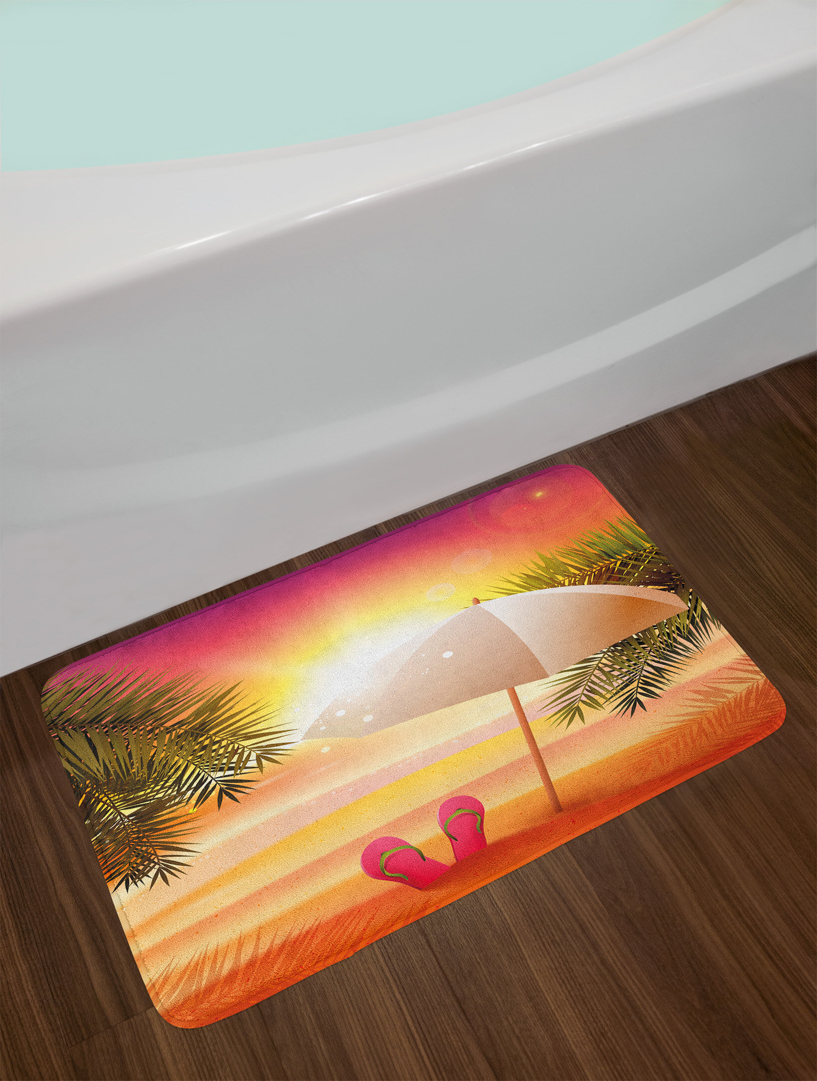 Sunset at the Beach with Flip Flops Umbrella and Palm Trees Illustration Non-Slip Plush Bath Rug