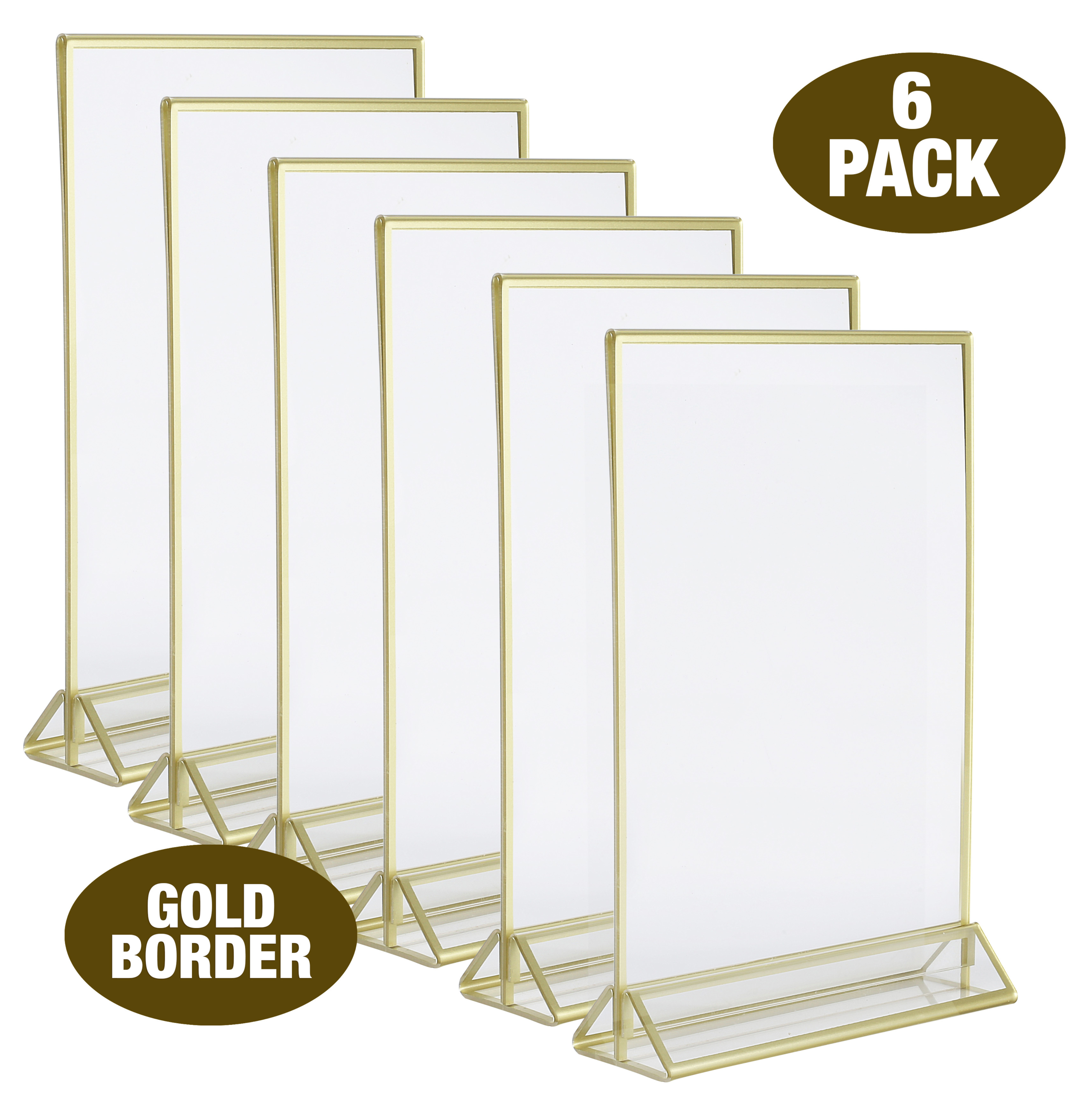Super Star Quality Clear Acrylic Double Sided Frames Display Holder with Vertical Stand and 3mm Gold Border, 5 x 7-Inches (Pack of 6) ...