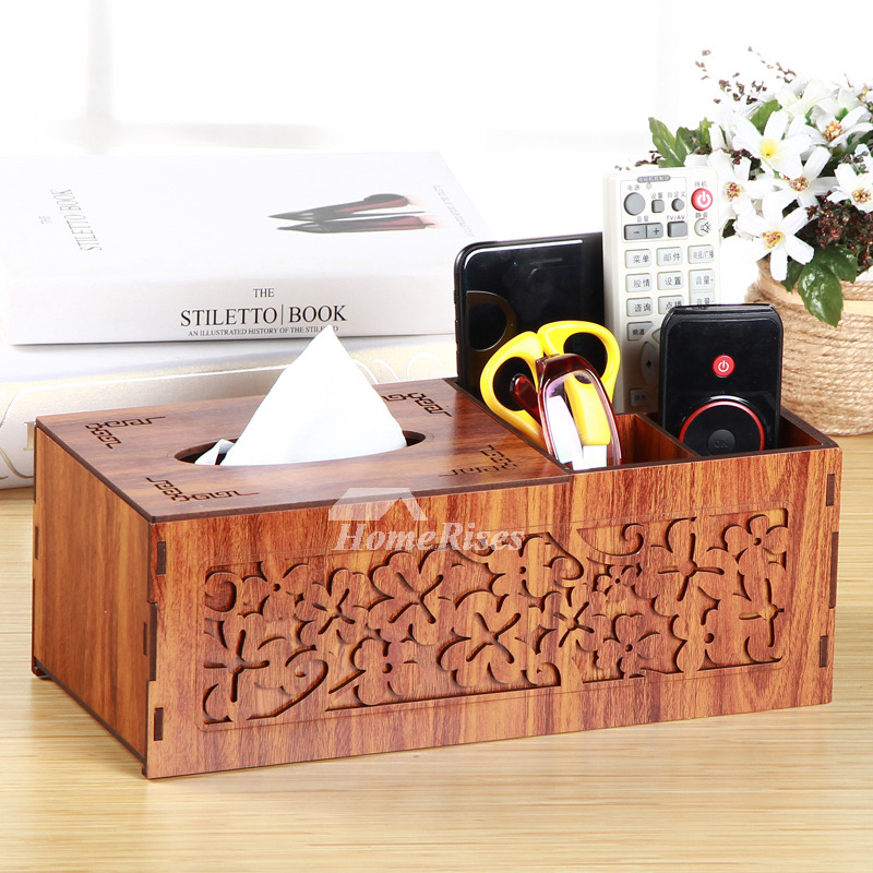 Tissue Box Cover Carved Wooden Rectangular Decorative Rustic