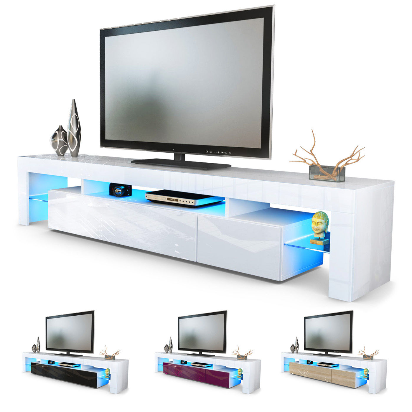 180cm White Modern High Gloss  TV Unit Cabinet Stand LED Lights Volutto 