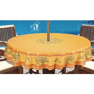 Umbrella Tablecloth - Stain Resistant Round 70" Tablecloth Olives Branches in Yellow Gold - Cotton Acrylic Coated Stain Resistant Tablecloth -