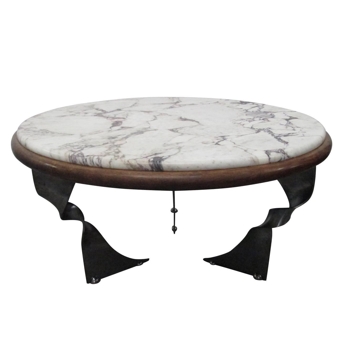 Unique Steel Base and Marble-Top Coffee Table For Sale at