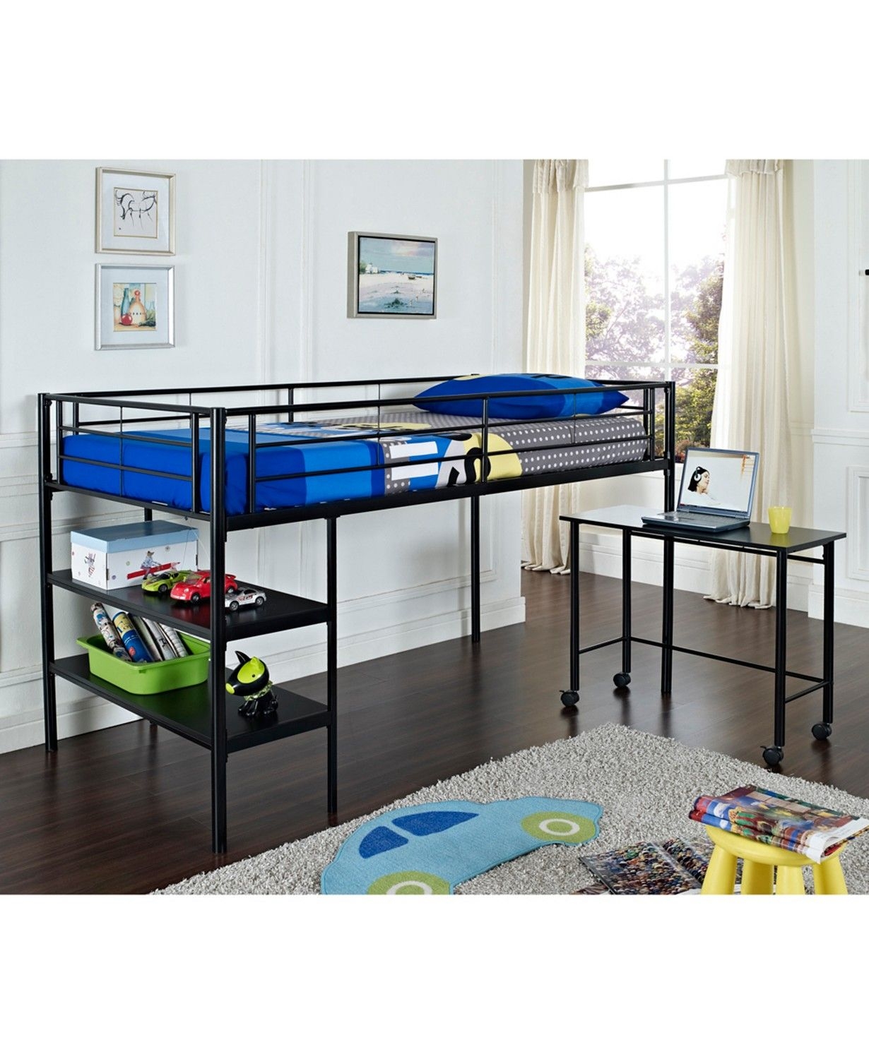 WE Furniture Twin Loft Bed with Desk and Shelves, Black