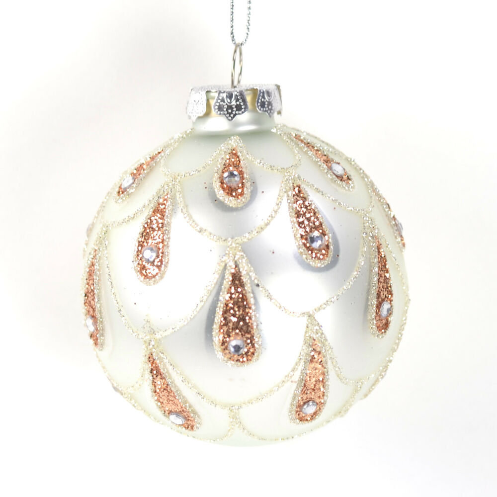 White Rose Gold 3 inch Glass Ball Christmas Ornament T1959