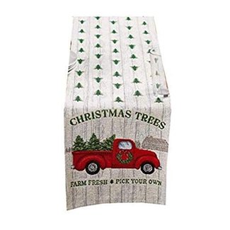 Winter Wonder Christmas Table Runner Retro Red Pickup Truck with Christmas Trees 13 x 72 inches