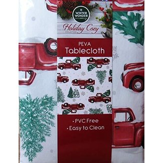 Winter Wonder Lane Vinyl Tablecloth, Red Truck Christmas Tree Farm Design, Eco Friendly PEVA, Flannel Backed (52x70)