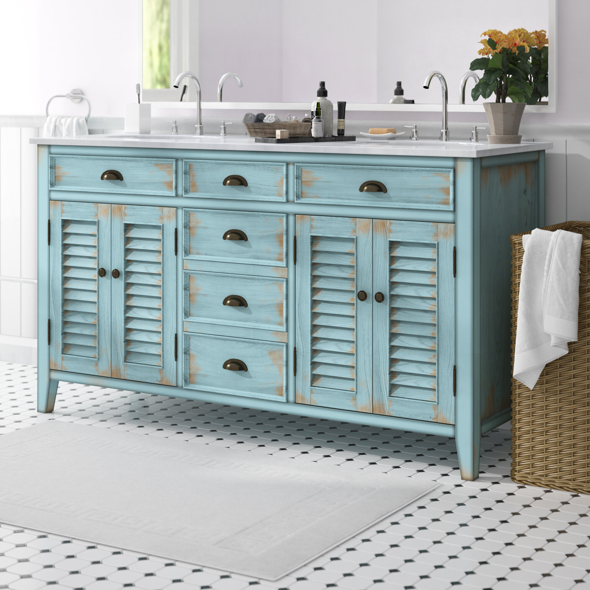 Blue Marble Solid Manufactured Wood Double Bathroom Vanity Set