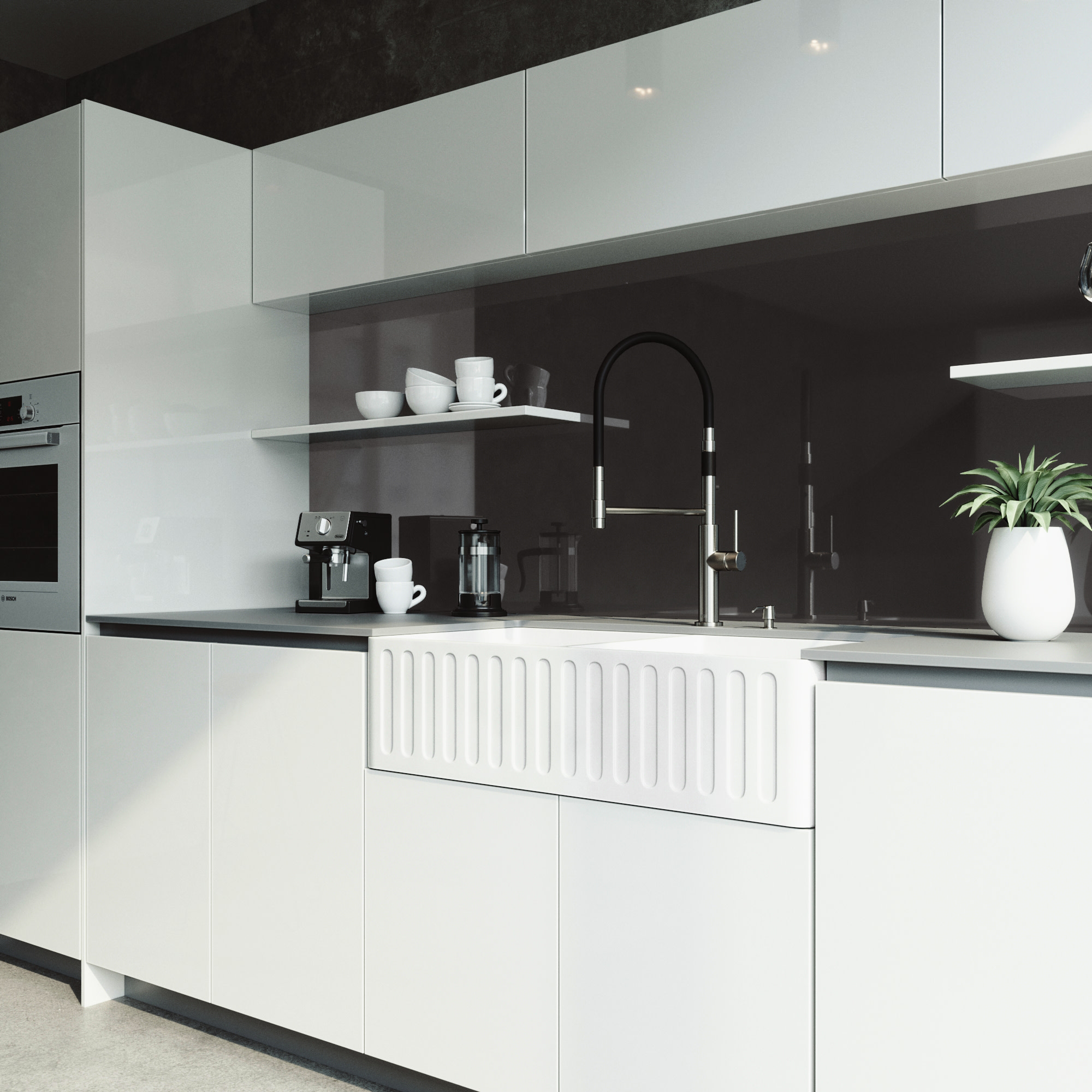 Matte White Stone Acrylic Composite Double Basin Farmhouse Kitchen Sink With Faucet