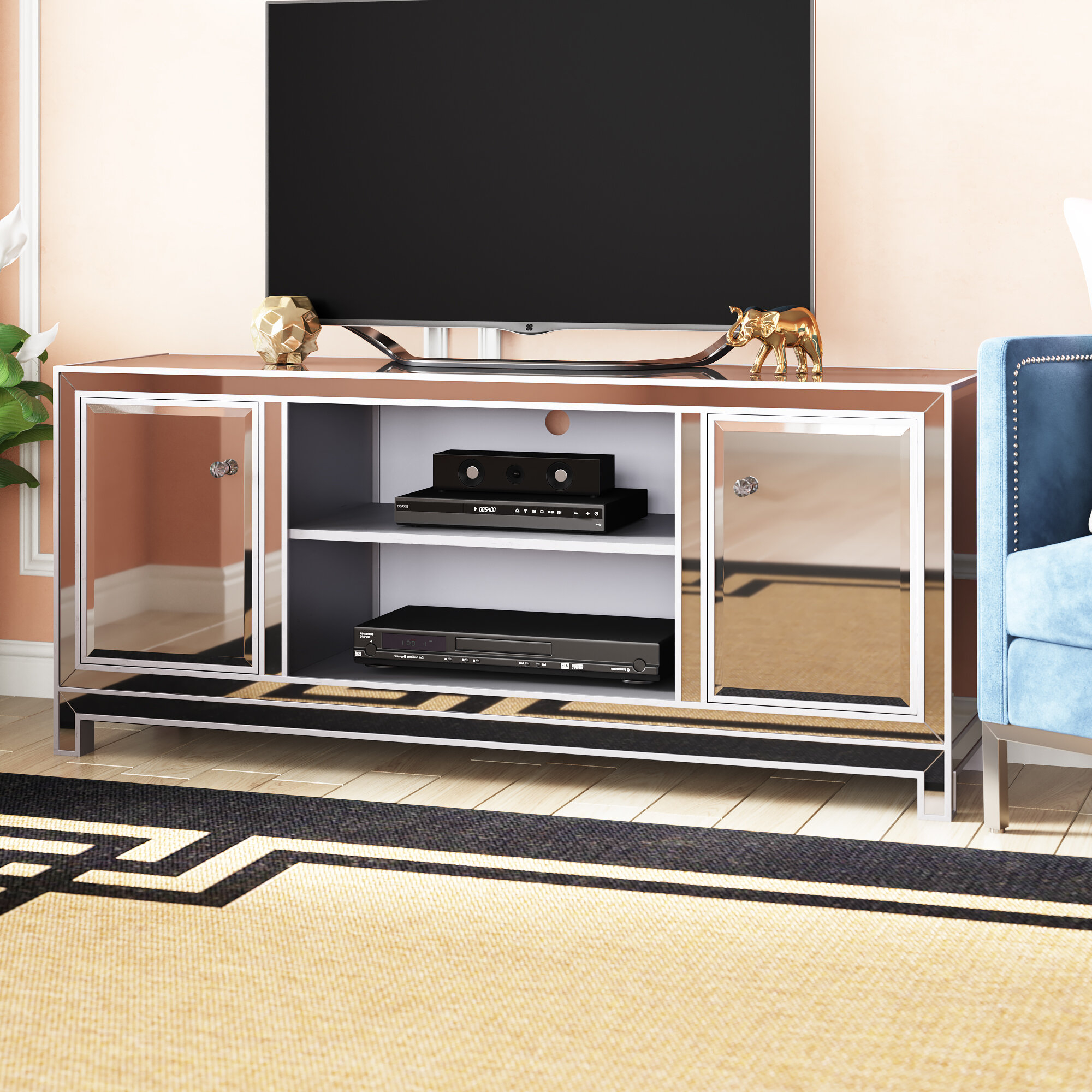 Antique Silver Glass Solid Wood TV Stand