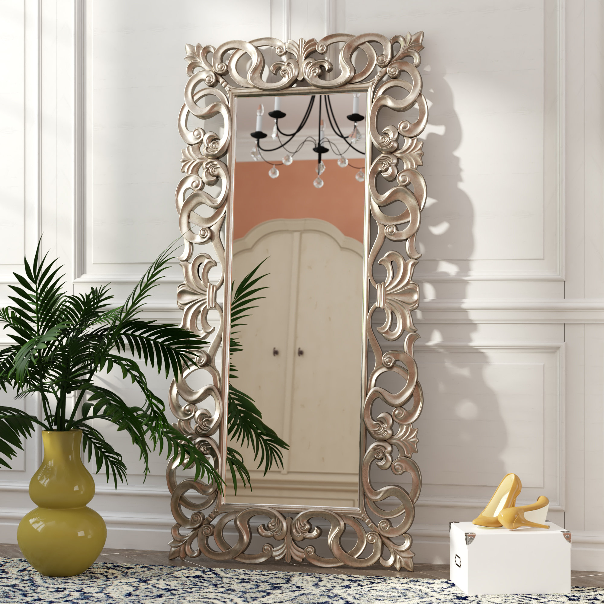 Antique Silver Poly Resin Leaning Horizontal Vertical Traditional Rectangle Accent Mirror