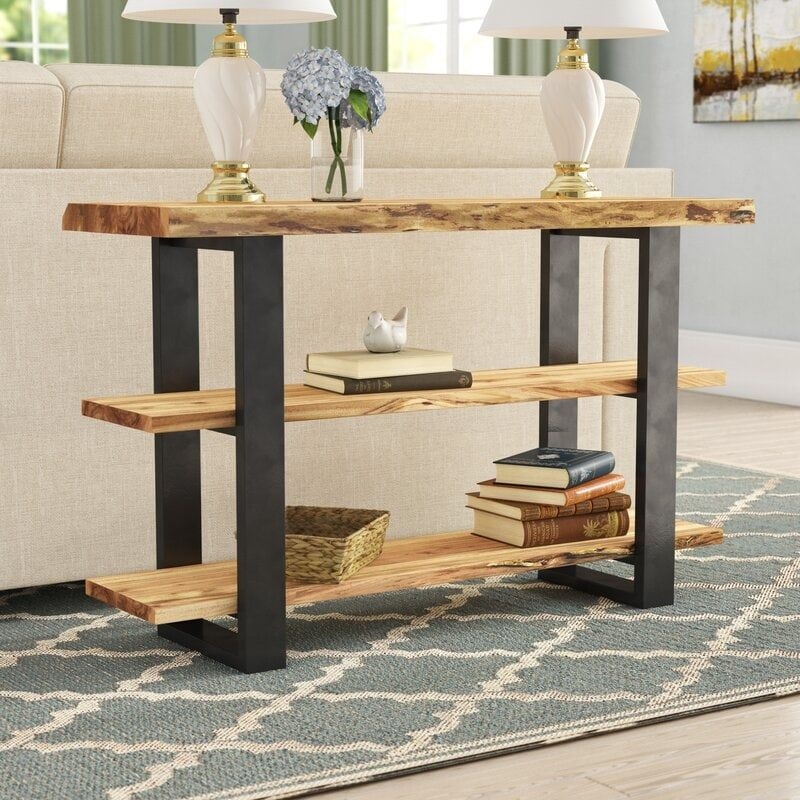 sofa console table Live edge acacia wood slab hallway console table 76.5 X 14-17 X 31H with metal legs entryway table living room