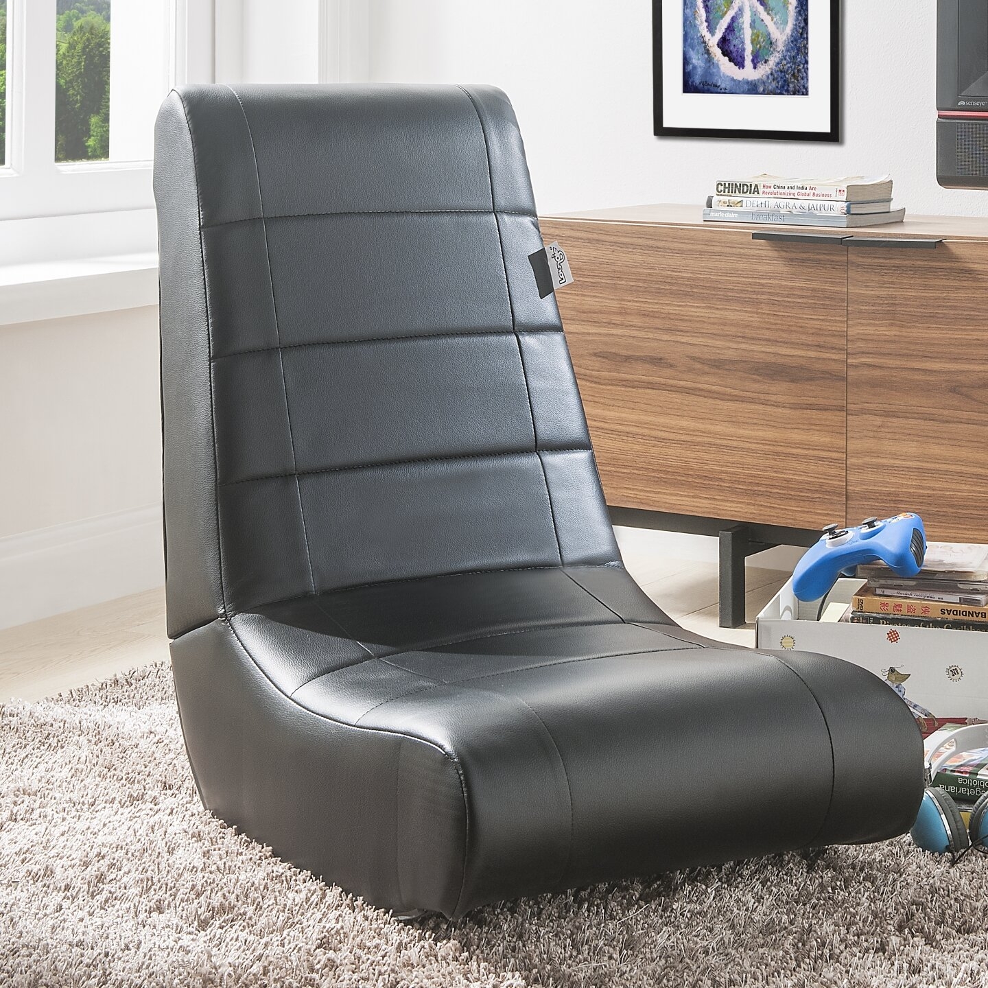 Black Leather Floor Rocker Game Chair