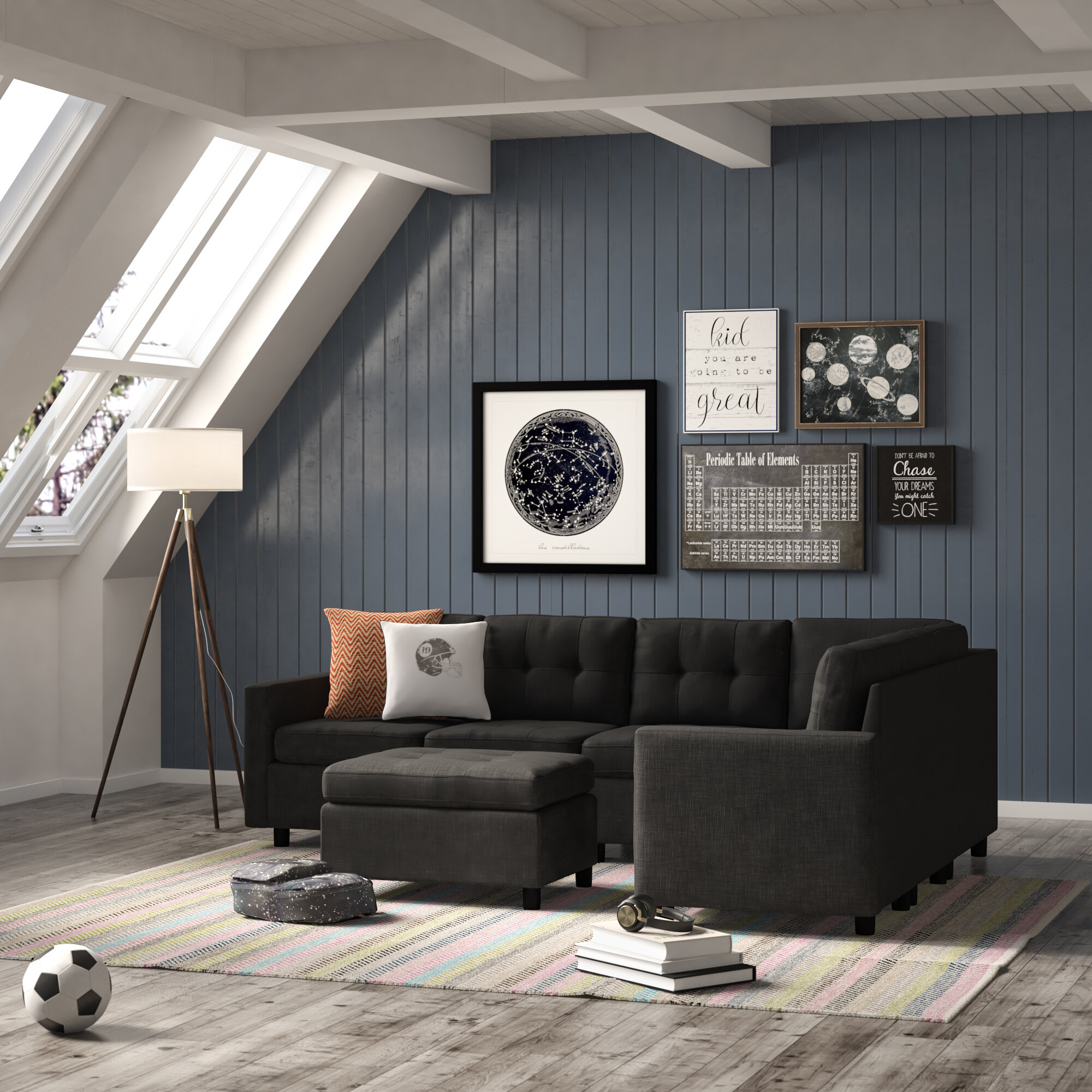 Black Linen Modular Sectional With Ottoman