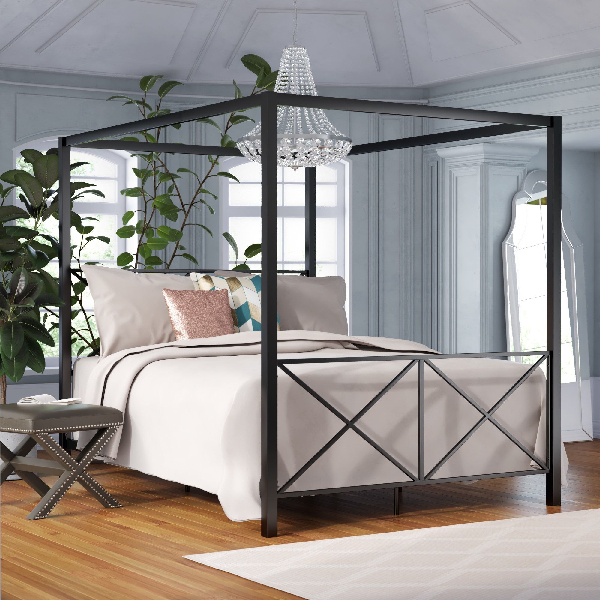 Black Nickel Metal Linen Upholstered Canopy Box Spring Bed Frame